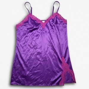 Purple Satin Lace Trim Chemise Nightgown Pink Lace Accent Adjustable Straps